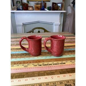 Stoneware Art Pottery 2 Coffee Mugs Artist Signed Pair Red Glazed Handmade
